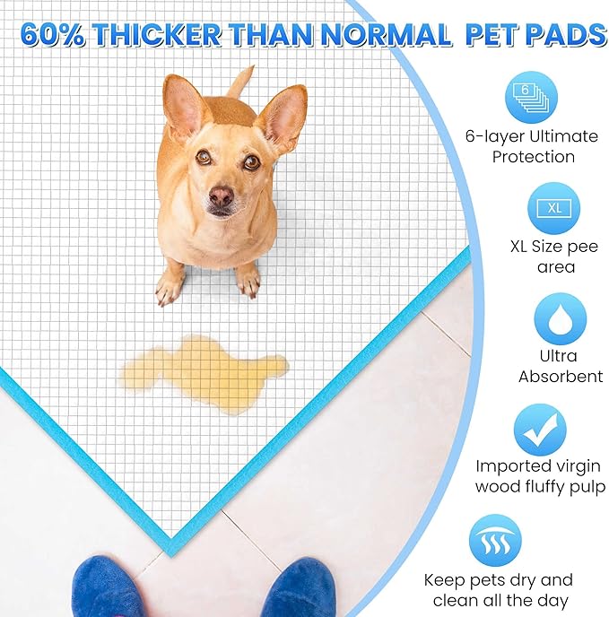 Boscute Thicken 6 Layers Heavy Absorbent XL 36"x24" Pet Training Dog Pee Pads, Extra Large Polymer Leak-Proof Quick Dry Puppy Pee Pads, Disposable Pee Pads for Dogs Cats Rabbit, 50 Counts