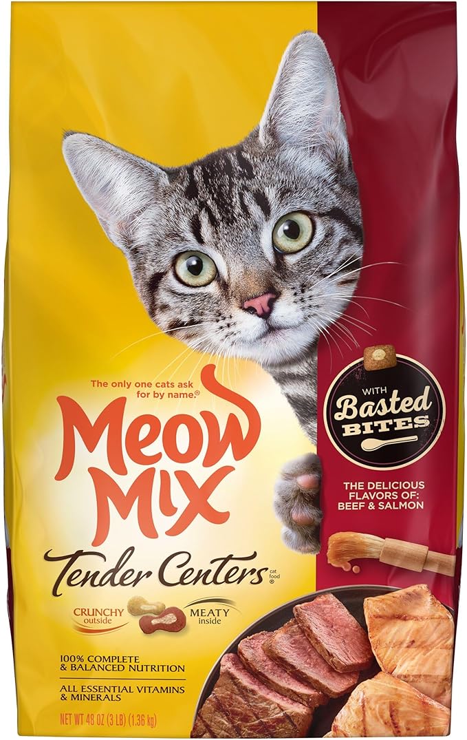 Meow Mix Tender Centers Basted Bites Dry Cat Food, Beef & Salmon Flavors, 3 Pound (Pack of 4), Crunchy Outside Meaty Inside