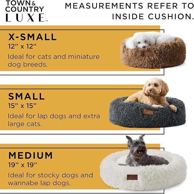 TOWN & COUNTRY LUXE CuddleTown Fuzzy Solid Donut Pet Bed, Soft, Cozy & Calming, Non-Slip Bottom, 100% Machine Washable, Dark Grey, XS 19"x19"x7" Round