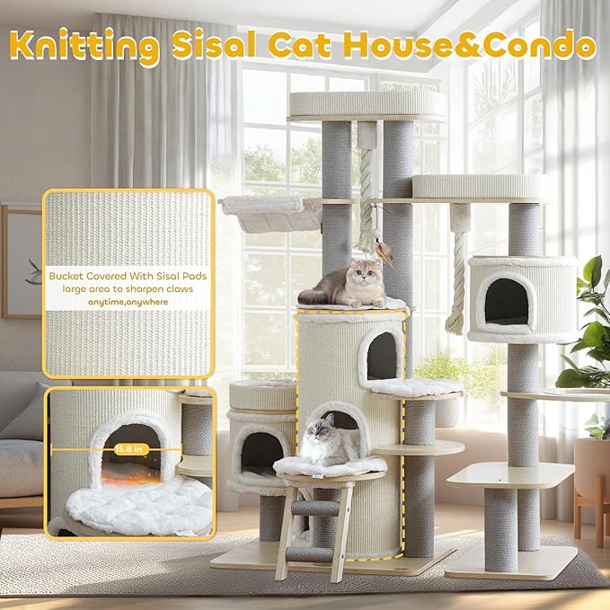 69'' Modern Cat Tree,Multi-Level Wood Large Cat Tower with Condo,Hammocks,Tall Cat Tree with Sisal Posts,Ladder,Removable Mats,Luxury Heavy Duty Tree Tower for Indoor Large Cats