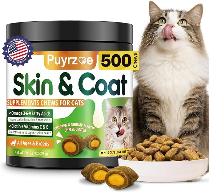 Cat Skin and Coat Health - 500 Chews Crunchy & Creamy Cheese Core with Omega 3/6/9, Vitamins C & E, Biotin for Skin Hydration & Coat Shine Supplement for Cats Kittens - Chicken & Shrimp Flavor