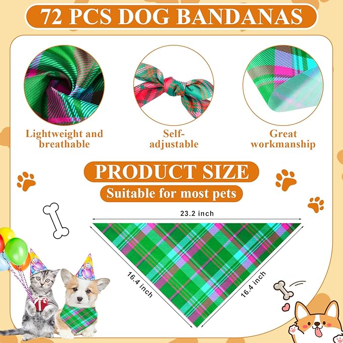 Sanwuta 72 Pcs Dog Bandana Bulk Washable Puppy Triangle Scarfs Cat Bandanas Adjustable Soft Cute Pet Triangle Bibs Accessories for Small Medium Dogs Cats Pets Costume (Stripe Pattern)