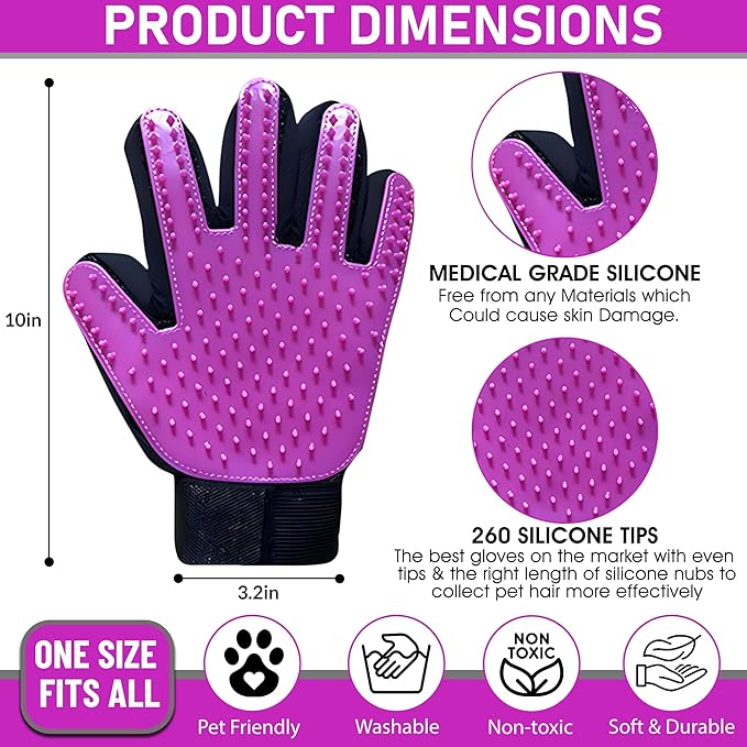 Upgrade Pet Grooming Gloves, Grooming Gloves for Dogs, Cats, Rabbits & Horses with Long and Short Hair, Efficient Pets Hair Remover Mittens - 1 Pair (Purple)