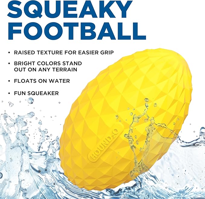 Playology Hound2O Dog Toys | Squeaky Football Toy for Dogs to Chase | Yellow Floating Outdoor Toy - Easy to Clean and Made from Non Toxic Materials