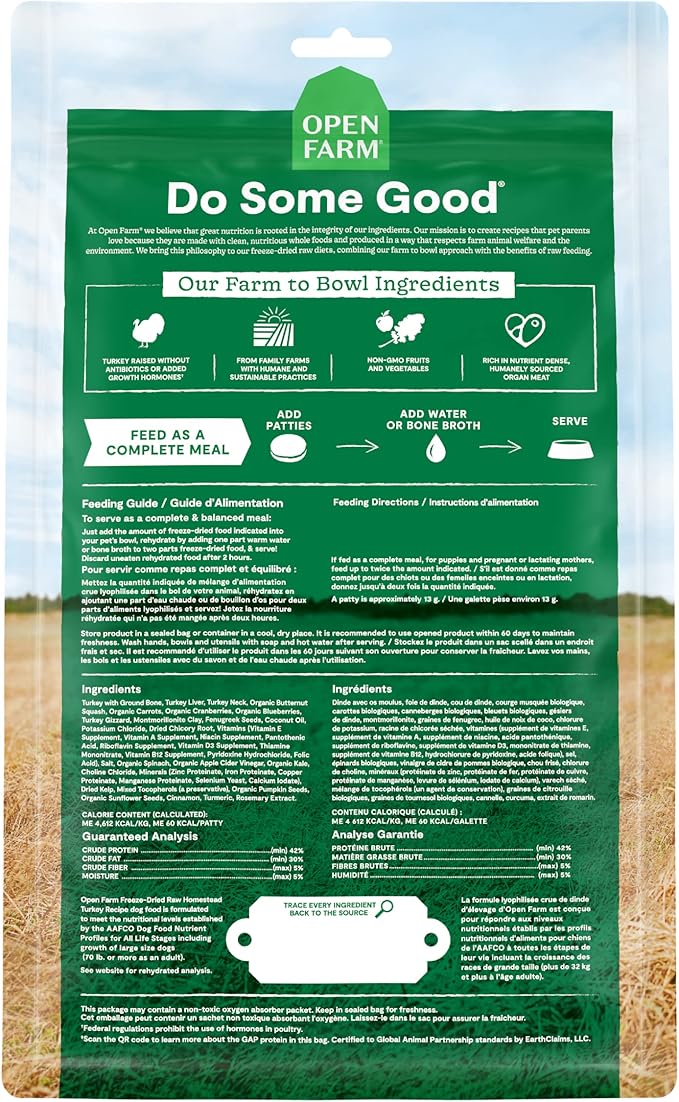 Open Farm, Freeze Dried Raw Dog Food, Patties with 95% Meat, Organs & Bone, Complete Meal or Freeze Dried Dog Food Mixer, Turkey Recipe, 10.5oz Bag