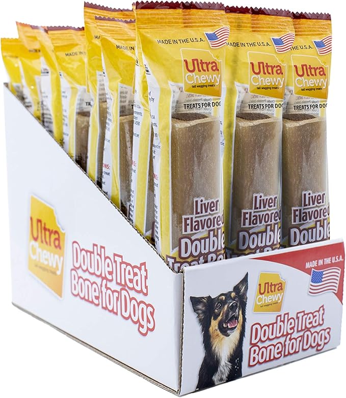 Ultra Chewy Liver, Double Treat Bones: Long-Lasting Dog Treats Made in USA for Large and Small Breeds, Highly Digestible, Ideal for Aggressive Chewers (24 Individually Packed Bones)