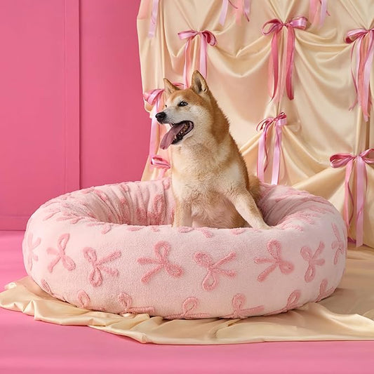 LE SURE Donut Large Dog Bed - Round Cat Beds for Indoor Anti-Anxiety Calming Pet Beds, Washable Cute Modern Beds with Jacquard Shaggy Plush & Anti Slip Bottom, 36 Inch, Pink Taffy