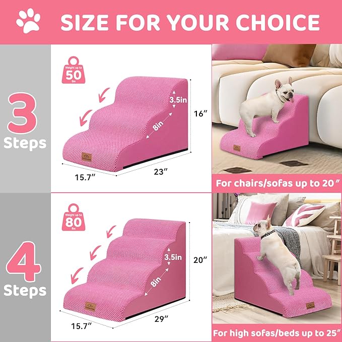 Dog Ramp and Stair for Bed 16" H-20 H,3-Step Cat Stair for Sofa and Chair,4-Step Dog Ramp for High Bed and Window,Durable Nonslip Fabric Cover for Indoor (Pink-20 H, Pet Friendly, 4)