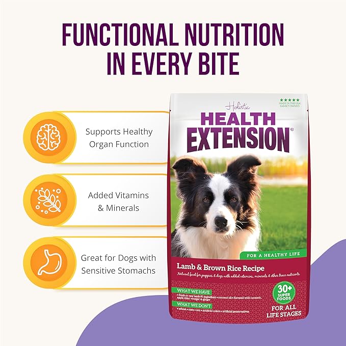 Health Extension Lamb & Brown Rice Dry Dog Food (4 lb / 1.81 kg) - Nutritious Free-Range Lamb Formula with Probiotics, Antioxidants & Omega 3 for Dogs with Sensitive Digestion