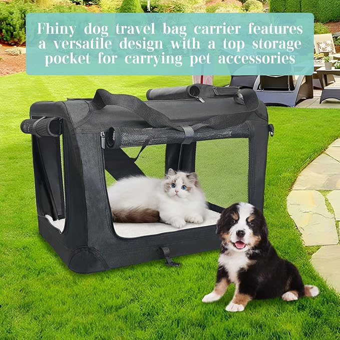 Fhiny Large Cat Carrier for 2 Cats, 24"x17"x17" Soft Dog Crate Collapsible Portable Travel Pet Carrier Bag Durable Breathable Foldable Kitten Carrier Bag for Cats Puppy Under 45 Lbs Black