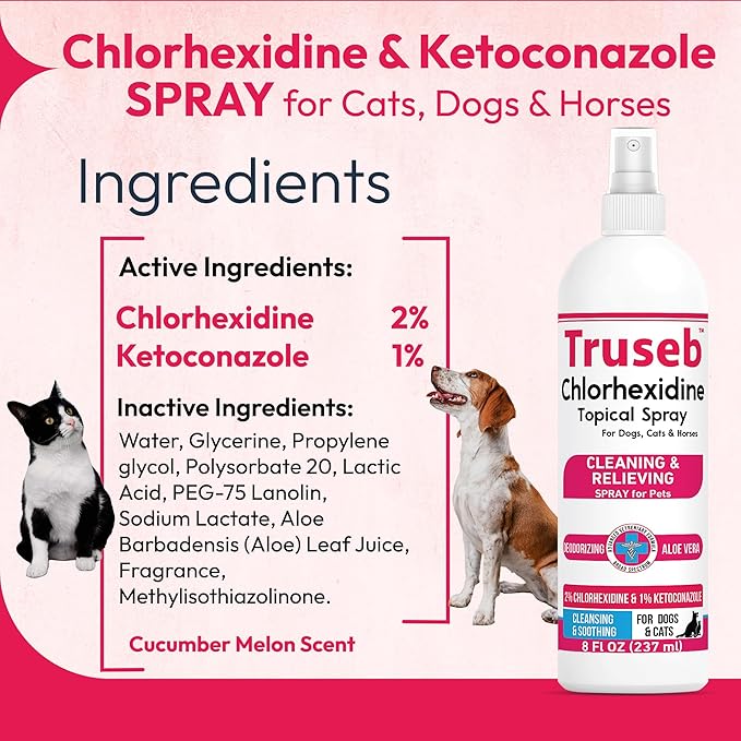 Truseb Topical Ketoconazole and Chlorhexidine Spray for Dogs, Cats, and Horses with Essential Fatty Acids, Aloe and Vitamin E- 16 oz (Ketoconazole & Chlorhexidine Spray, 16 oz)