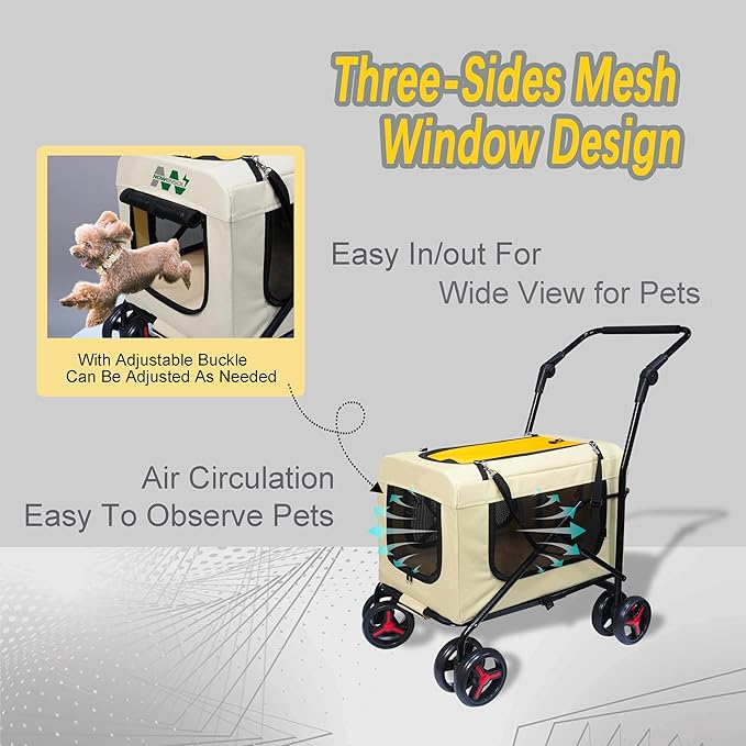 Pet Carrier with 4 Wheels, Detachble,Clean and Replace Pet Basket, Portable and Foldable Pet Travel Stroller for Small/Medium Dogs and Cats up to 66lbs, 4 in 1 Multifunctional (Beige+Yellow)