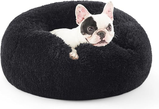 Bedsure Calming Dog Bed for Small Dogs - Donut Washable Small Pet Bed, 23 inches Anti-Slip Round Fluffy Plush Faux Fur Large Cat Bed, Fits up to 25 lbs Pets, Black