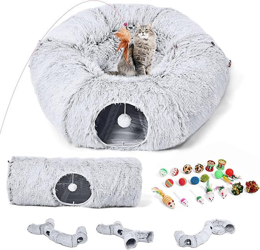 Odoland Cat Tunnels Bed with 1 Straight Tunnel and 20 Pet Toys - 5 Shapes DIY Indoor Cats Cave - Detachable Soft Cat Donut Tunnelset for Kitten Puppy Rabbit Ferret
