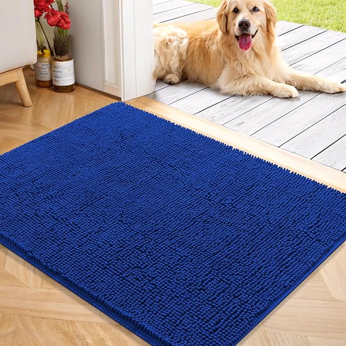 OLANLY Dog Door Mat for Muddy Paws 40x32, Absorbs Moisture and Dirt, Absorbent Non-Slip Washable Doormat, Quick Dry Chenille Mud Mat for Dogs, Entry Indoor Entryway Carpet for Inside Floor, Royal Blue