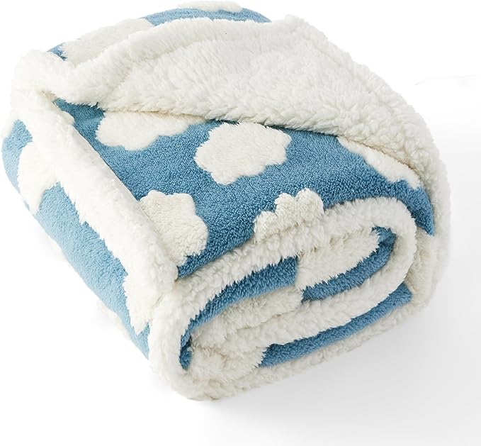 LE SURE Waterproof Dog Blanket for Medium Dogs - Washable Double Sided Dog Blankets with Warm Jacquard Shag and Soft Sherpa Fleece, Pet Cat Blanket for Couch Protection, 3D Textured Cloud, Blue