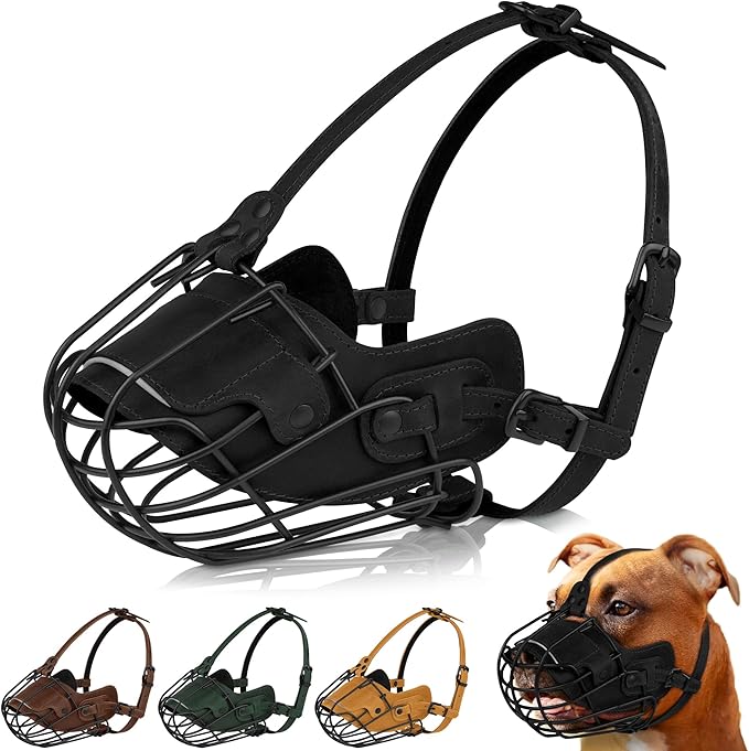 OOPSDOGGY Metal Pitbull Dog Muzzle Reflective Leather Mask Secure Wire Basket Muzzle for Large Sized Dogs Amstaff Soft Cage Muzzle to Prevent Biting Chewing with Adjustable Straps (Black, Pitbull)