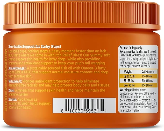 Zesty Paws Itch Relief for Dogs - for Itching Skin & Coat Health - Omega-3 Fish Oil with EPA & DHA - Dog Bites Supplement with Vitamin C & E for Antioxidant Support - Chicken Flavor - 50 Count
