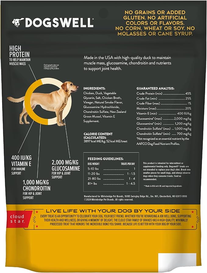 DOGSWELL Jerky Hip and Joint Dog Treats Grain Free Made in USA Only, Glucosamine and Chondroitin, 10 oz Duck (842194)