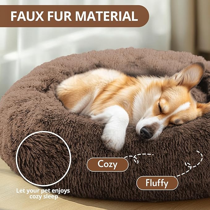 JOLLYVOGUE Calming Dog & Cat Bed for Large Dogs, Anti-Anxiety Donut Cuddler Cozy Soft Round Bed with Anti-Slip Bottom, Fluffy Faux Fur Plush Cushion Beds for Medium Dogs (36")