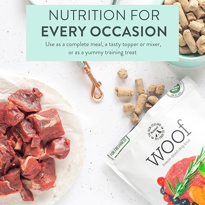 The New Zealand Natural Pet Food Co Woof Freeze Dried Dog Food - Wild Goat Recipe, High Protein, Complete Diet, Dog Treats, All Life Stages - 1.76 oz