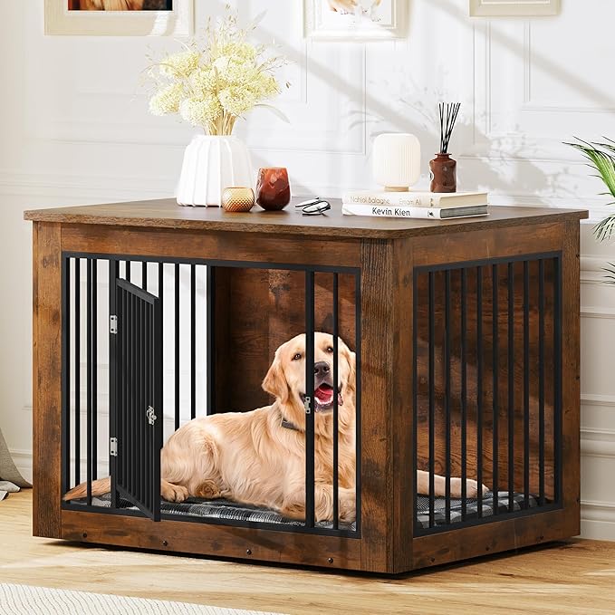 YITAHOME 43.7" L Dog Crate Furniture for Large Dog, 2-in-1 Iron-Wood Fusion Modern Dogs Kennel Indoor up to 80 lb, Side End Table, Adjustable feet, Waterproof Top, Safety Corners, Rustic Brown