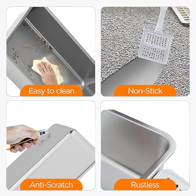 Citylife Stainless Steel Cat Litter Box with Lid,XL Extra Large Enclosed Removable Metal Litter Box with Litter Scoop&Double Layer Litter Mat,Non-Sticky，Non-Odor,Easy Cleaning, for Big Cats Dark Grey