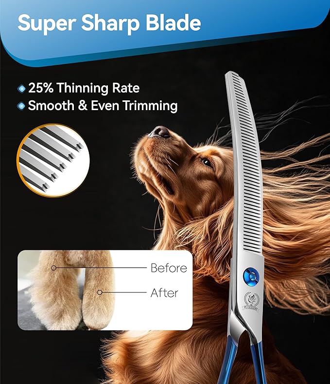 Fenice Peak Curved Thinning Shears Dog Grooming with Coating 440C Stainless Steel, 7 inch Professional Thinning Shears for Dogs，25 Degree of Curved Blade，Durable Smooth Motion & Cut for Dogs and Cats