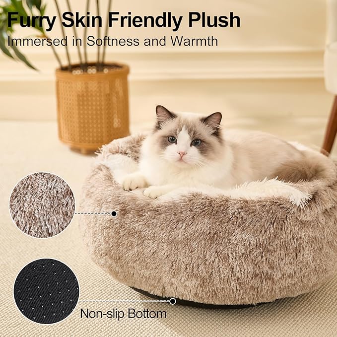 Calming Dog Beds & Cat Cave Bed with Hooded Cover,Removable Washable Round Beds for Small Medium Pets,Anti-Slip Faux Fur Fluffy Coved Bed for Improved Sleep,Fits up to 15/25 lbs (Small,20"x20")