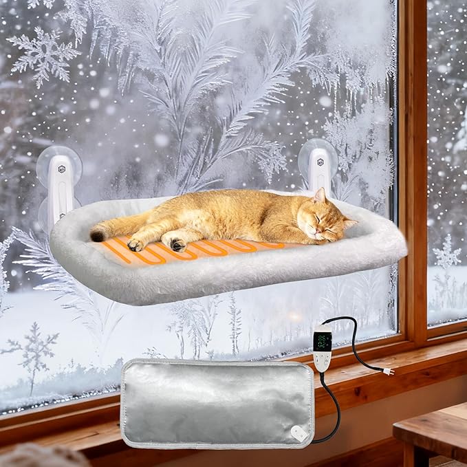 L&W BROS. Heated Cat Window Perch with Adjustable Thermostat & Timer, Cat Hammock with 4 Strong Suction Cups, Easy-to-Clean Warm Bed for Winter, Holds Up to 50lbs (M 1PC)