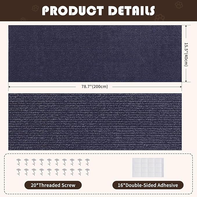 Trimmable Self-Adhesive Carpet,78.7"x15.8" Cat Scratch Mat for Furniture Couch or Wall Protector, Covering,DIY Climb Cat Scratcher Rug with Adhesive Hook Loop Tape