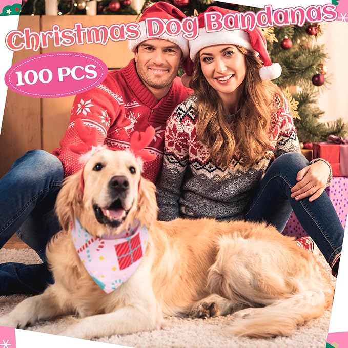 100 Pcs Christmas Dog Bandanas Bulk Pet Bibs Pink Triangle Scarf Pink Pet Bandanas for Medium Large Girls Dogs Christmas Xmas Party Birthday Costume Decor