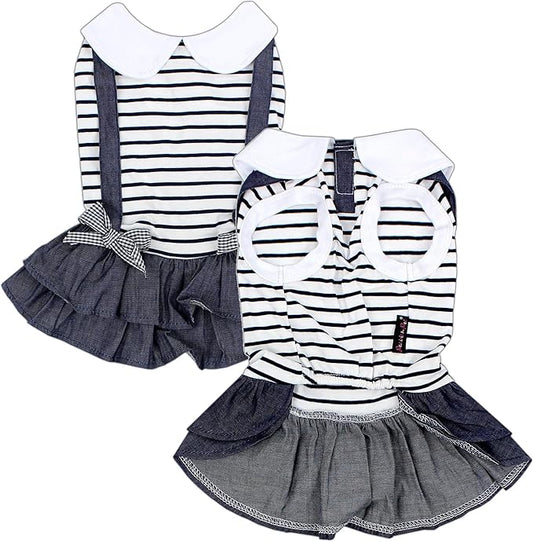 Parisian Pet Preppy Girl Dress - Stylish Chambray Skirt Summer Outfit - Lightweight Sleeveless Overall for Large Dogs 2XL