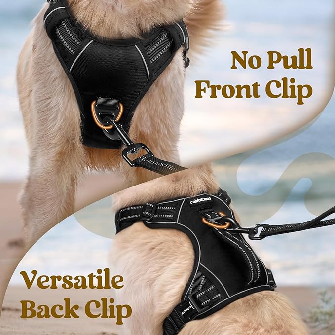 rabbitgoo Dog Harness for Large Dogs, No Pull Pet Harness with Soft Padded Handle, Adjustable Reflective Vest with 3 Buckles, Easy Walking Harness with 2 Leash Clips, Black, L