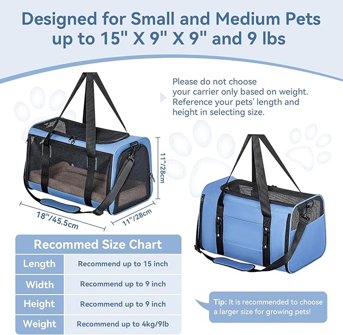 PETSFIT Cat Car Carrier for Small/Medium Cats Dogs, 18"x11"x11" Airline Approved Cat Carrier, with Patent Safety Buckles and Escape-Proof Zipper - Safeguarding Car Travel, Airplane, Vet, Outdoor