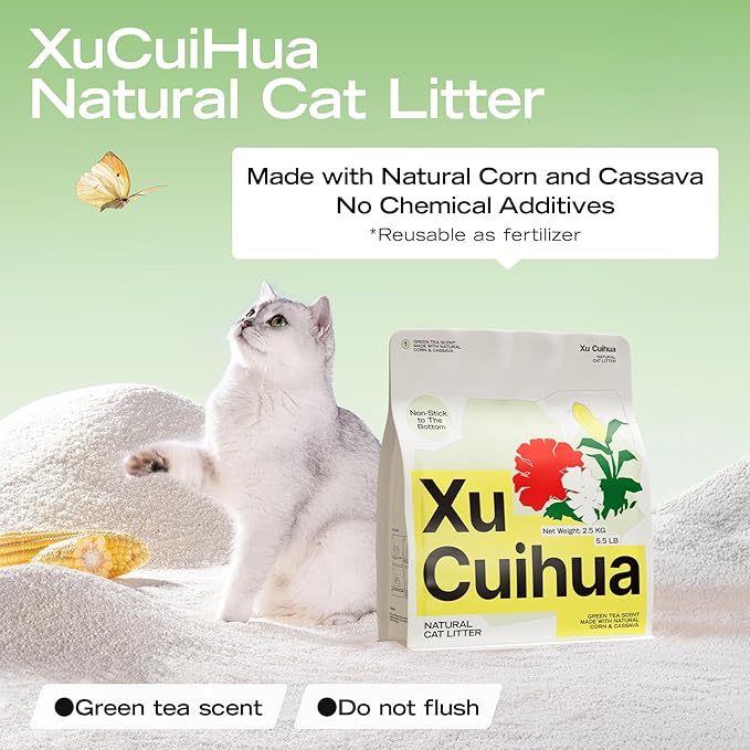Natural Cat Litter Green Tea Scent, Plant-Based, Strong Clumping Litter, Odor Control, Easy Scooping, Clumps Lift Cleanly, Low Dust, 5.5 LB x 3 Bags