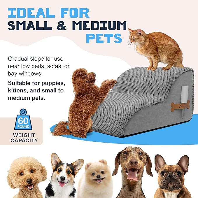 PAWZY Foam Pet Stairs for Small Dogs & Cats – 2-Step Dog Ramp 12” High, Wide Non-Slip Steps for Bed & Couch – Washable Pre-Fitted Cover (no Assembly Required), Waterproof Base – Grey