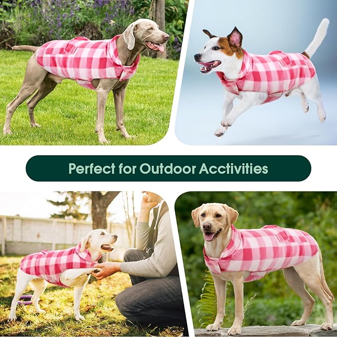 Kuoser Dog Winter Coat, Windproof Dog Fleece Jacket British Style Plaid Cold Weather Doggie Vest Coats, Reversible Cozy Warm Pet Clothes Apparel for Large Size Dogs L