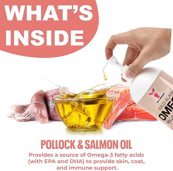 SavvyBeast Pollock and Salmon Oil for Dogs & Cats – Omega-3 Fish Oil Supplement for Pets – Supports Skin & Coat, Joints, Itch Relief, Immune Boost & Heart Health – Wild-Caught & All-Natural – 32 oz