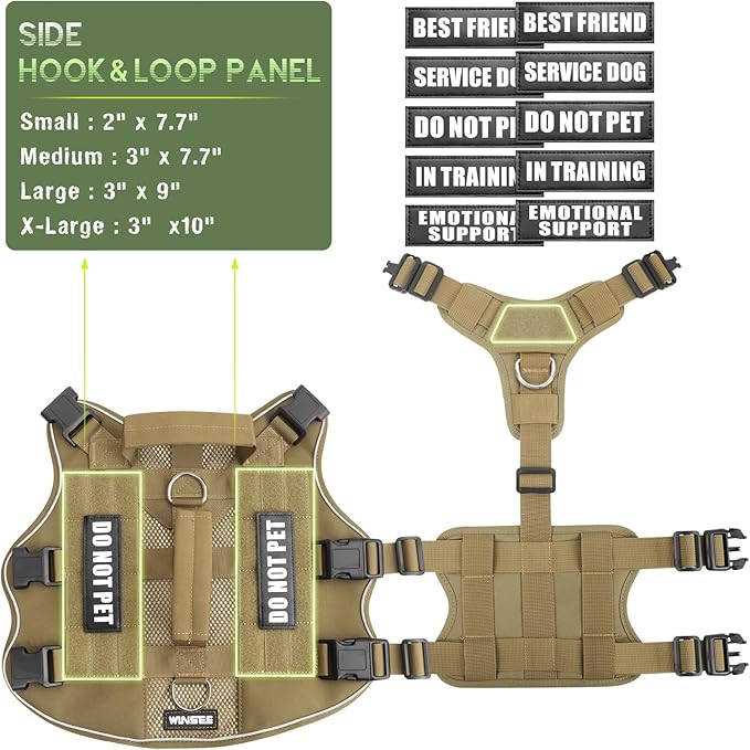 WINSEE Mesh Dog Harness with 10 Pet Patches for Large Service Dog in Training, Breathable Tactical Molle Vest with Double Handle, Reflective Military Pet Vest for Walking Hiking
