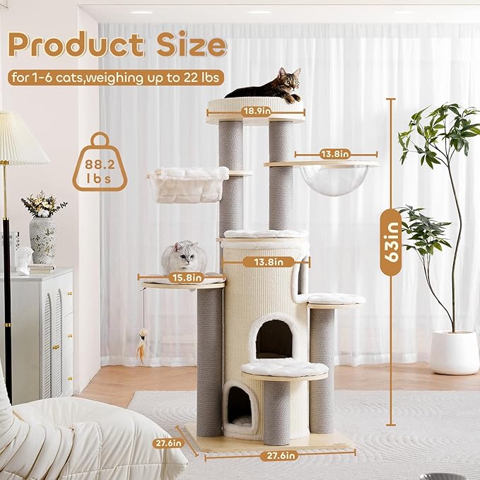 63'' Tall Castle Cat Tree House for Maine Coon,Solid Wood Modern Cat Tower for Indoor Large Cats,Multi-Level Heavy Duty Luxury Cat Condo with Sisal Scratching Post,Perch,Cushion,Hammock for Mult-Cats