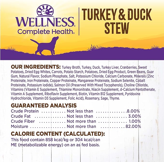Wellness Complete Health Thick & Chunky Natural Grain Free Canned Wet Dog Food, Turkey & Duck Stew, 12.5-Ounce Can (Pack of 12)