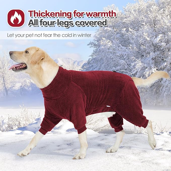 Dog Winter Coat, Warm Fleece Dog Jacket, Windproof Dog Pullover Jumpsuit, Full Body Dog Pajamas Onesie, Cold Weather Clothes for Medium Large Dog(Large,Red)