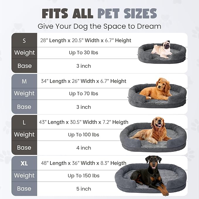 Orthopedic Dog Bed for Extra Large Dogs, Extra-Thick 3.6" Foam Fluffy Fur Sofa with Comfortable Sides, Soft and Big Dog Couch Bed with Washable Removable Cover and Non-Slip Oval Bottom, Grey