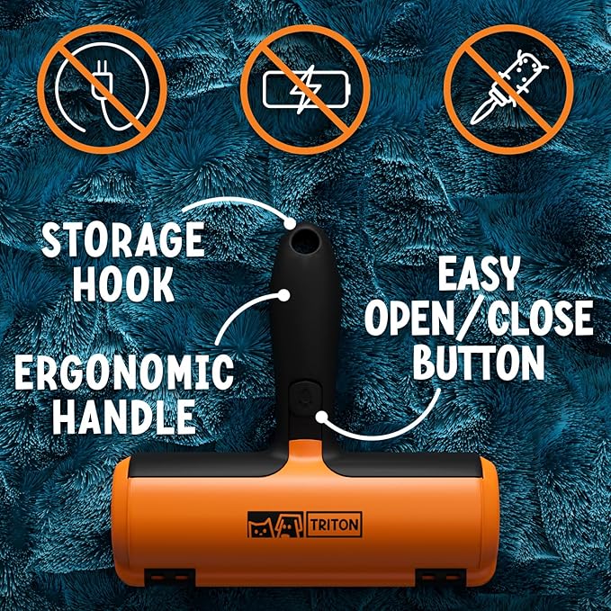 Triton Pet Hair Remover w/Fur Trapping Compartment - Easy to Use Pet Hair Removal Tool - Detachable Handle Cat & Dog Hair Remover for Car, Furniture, Clothes, Couch - Reusable Lint Roller (Orange)