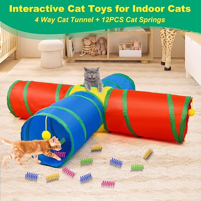 Cat Tunnel 4 Way Collapsible, Cat Toys Interactive Tunnels for Indoor Cats, 12 PCS Cats Springs Toy Kitty Kitten Toys Pack, Rabbit Tunnel Tube with Peephole, Large Rainbow Tunnels