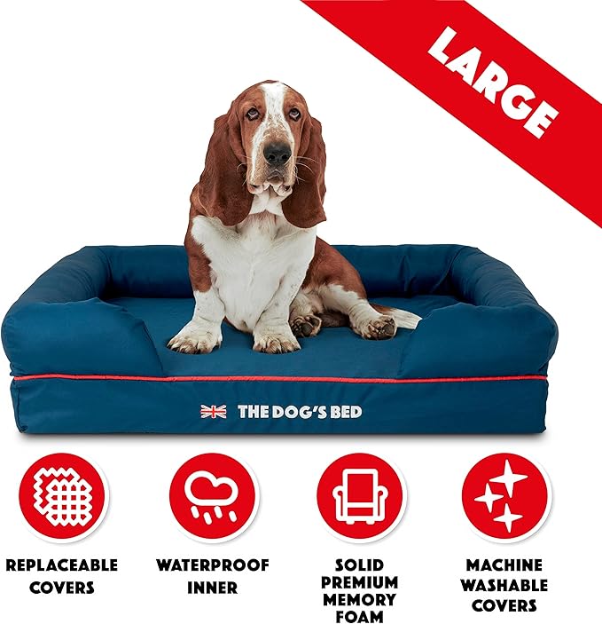 The Dog’s Bed Orthopedic Dog Bed Large Blue Oxford with Red Trim UK Flag Dog Bed Memory Foam, Pain Relief: Arthritis, Post Surgery, Lameness, Waterproof Washable Cover