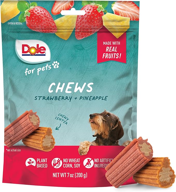 Dole Freshly Fetched Dog Chews, Strawberry & Pineapple Flavored Dog Treats, 7oz, No Wheat, Corn, Soy, Artificial Flavors, Colors, or Preservatives