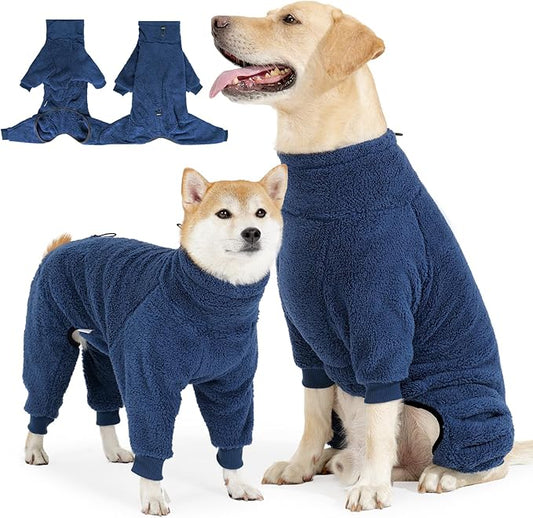 Winter Coat - Warm Fleece Dog Jacket, Windproof Pullover Jumpsuit, Full Body Pajamas Onesie, Cold Weather Clothes for Medium Large Dogs (XL, Navy Blue)