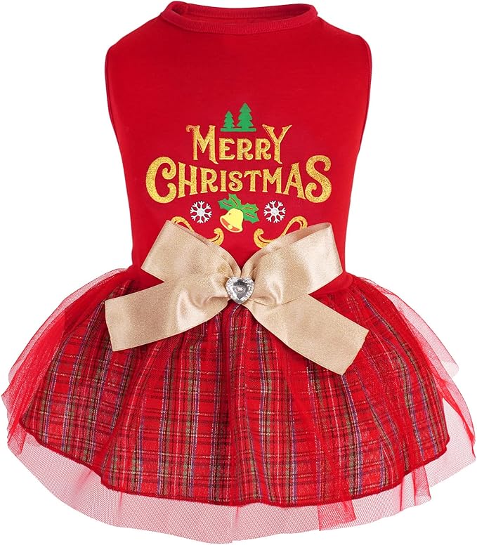 cyeollo Christmas Dog Dress Holiday Theme Plaid Dog Dresses for Small Dogs Doggie Bowtie Girl Puppy Clothes Cat Apparel